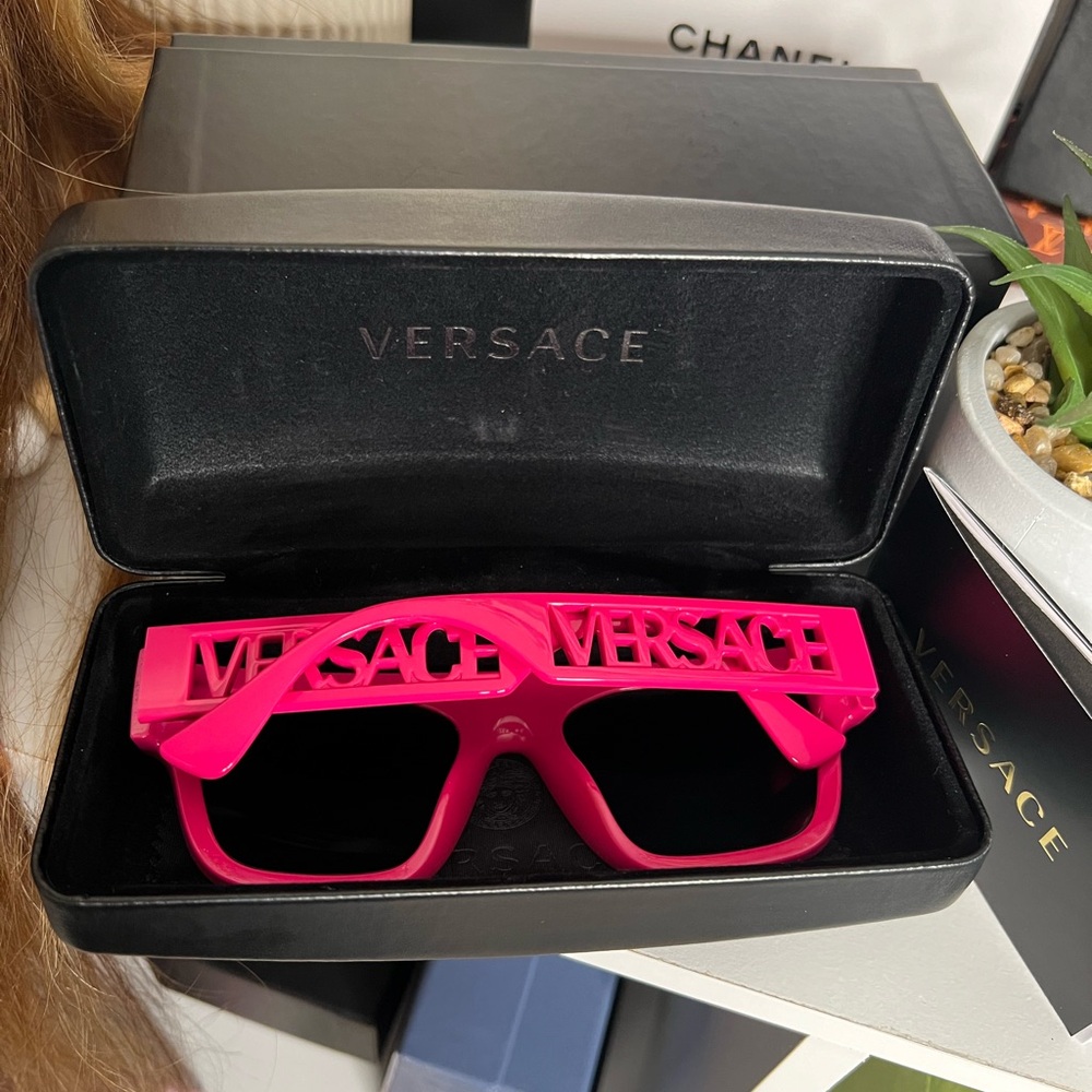 Versace Fuscia Plastic Rectangle Sunglasses - image 2